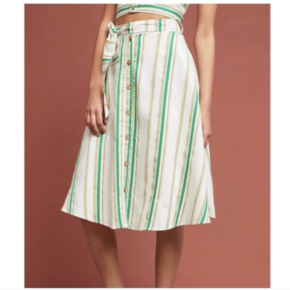Hutch‎ Baracoa Striped Green and White Belted Button-Down Skirt Sz 2